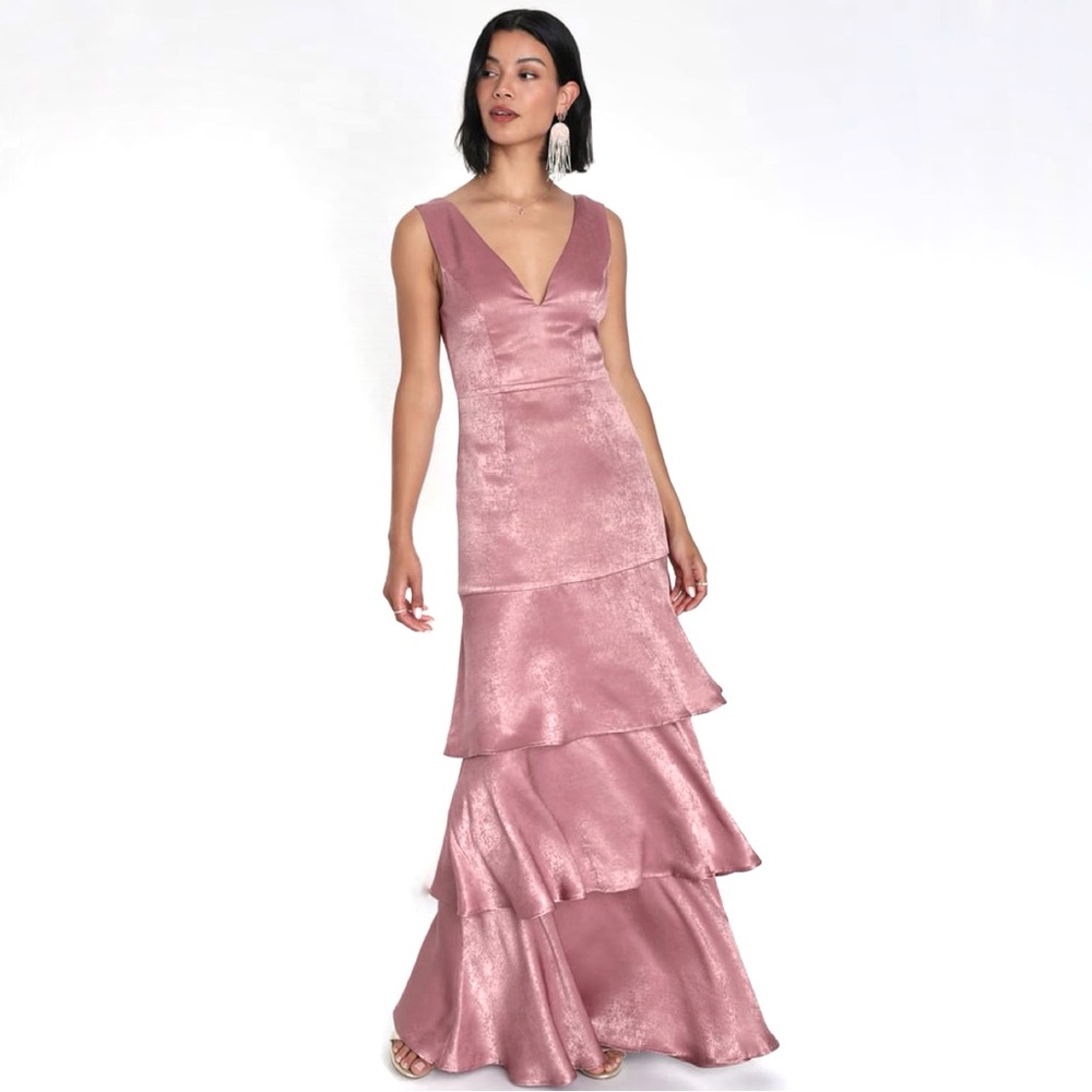 Lulus Exclusive Elegance Mauve Satin Tiered Maxi Dress sz XL